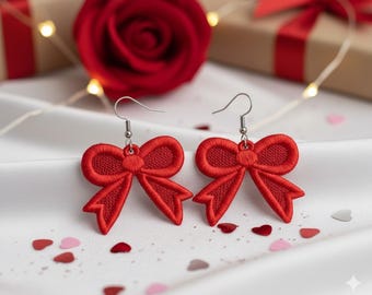 Bow FSL Earrings. Machine Embroidery Design. Valentin's Day Lace Jewelry. 2 Sizes. 4x4 Inch Hoop. Instant Download. PES And Other Formats.