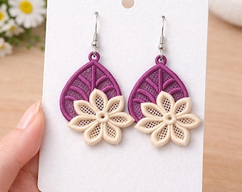 FSL Flower Earrings, Machine Embroidery Design, Floral Lace Earrings, Leaf Earrings PES And Other Formats, Instant Download.