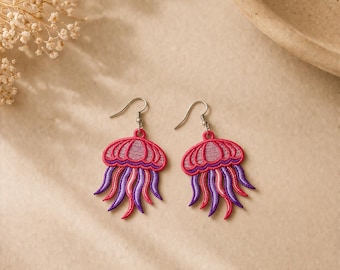 FSL Earrings, Machine Embroidery Design, Jellyfish Earring, Ocean Theme Jewelry, Colorful Lace Earrings,  Dst, Pes, Jef, Instant Download.
