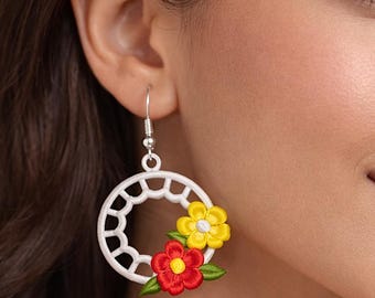 FSL Earrings, Floral Circle Lace Earrings, Machine Embroidery Design, PES And Other Formats, Digital Download