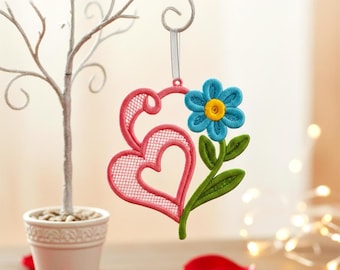 FSL Corazón con Adorno de Encaje Floral, Diseño para Bordado a Máquina, PES y otros Formatos, Descarga Instantánea