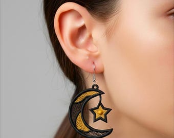 FSL Moon Star Earrings Embroidery Design, Free Standing Lace Earring, Machine Embroidery Jewelry, Digital Download