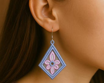 FSL Embroidery Earring. Free Standing Lace. Diamond Shape Floral Earrings. DST, PES And Other Format