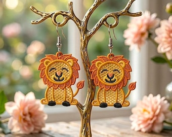 FSL Lion Earrings. Lion Lace Pendant. Machine Embroidery Design. 2 Sizes Digital Download. Pes And Other Formats