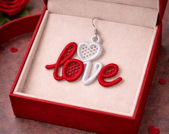 LOVE FSL Earrings, Valentine's Day Lace Earring, Machine Embroidery Designs, Free Standing Lace, PES and Other Formats, Instant Download