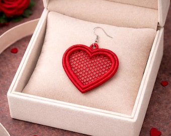 Heart FSL Earrings, Valentine's Day Lace Earring, Machine Embroidery Designs, Free Standing Lace, PES and Other Formats, Instant Download.
