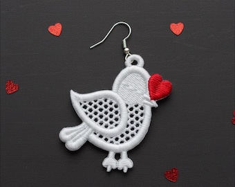 FSL Earrings, Machine Embroidery Design. Bird With Heart Lace Earrings. Free Standing Lace. Instant Download