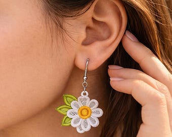 FSL Earrings, Daisy Flower Lace Earrings, Machine  Embroidery Design, Free standing Lace Floral Dangle Earrings, 3 Sizes (Instant Download)
