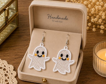 FSL Earrings, Cute Ghost Earrings Embroidery Design, Free Standing Lace Ghost, Kawaii Ghost jewelry Pattern, Digital Download.