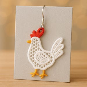 May include: A white lace chicken earring with a red comb and yellow feet. The chicken is attached to a silver earring hook. The earring is displayed on a gray card.