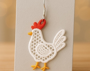 chicken earrings, Machine embroidery design, chicken ornament, Free Standing Lace 2 Sizes, Digital Download