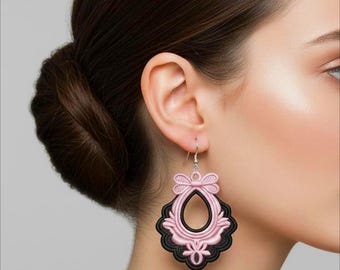 Pendiente bordado FSL, diseño de bordado a máquina, encaje independiente, joyería de encaje rosa bordada a máquina, regalo para ella, descarga digital