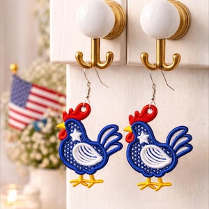 Free Standing Lace Chicken Earrings Machine Embroidery Design, Patriotic USA 250th Anniversary FSL Lace Earrings Digital Download