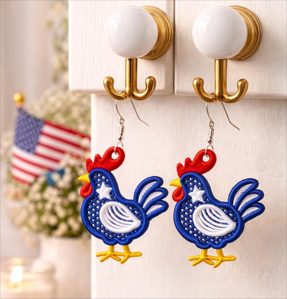 FSL Chicken Earrings, Machine Embroidery Design, USA 250th Anniversary, Free Standing Lace 2 Sizes, Digital Download