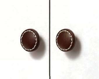 Brass Leather Knob: Brown Round Knobs, Green Leather Handles