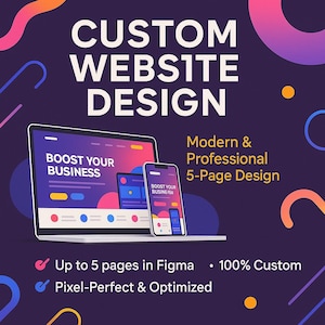 Pode incluir: Gráfico promocional para design de sites personalizados. A imagem apresenta um laptop e um smartphone exibindo maquetes de sites com o texto "BOOST YOUR BUSINESS". O design inclui o texto "CUSTOM WEBSITE DESIGN", "Modern & Professional 5-Page Design" e outros detalhes.