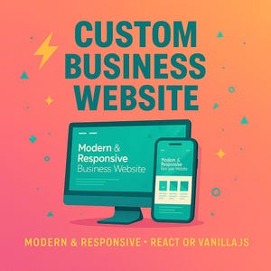 May include: An image promoting custom business websites. The design features a teal computer monitor and smartphone displaying a website interface. Text includes "CUSTOM BUSINESS WEBSITE" and "Modern & Responsive Business Website". The background is a gradient of pink and orange.