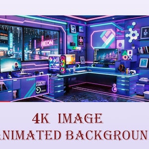 May include: A futuristic gaming room with neon lights and multiple computer monitors. The room is decorated in shades of blue and purple, with the word "NEON" visible in the window. The text "4K IMAGE ANIMATED BACKGROUND" is at the bottom.