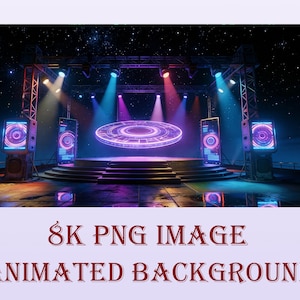 Könnte beinhalten: Eine futuristische Bühne mit einer kreisförmigen Plattform, beleuchtet von leuchtenden blauen, violetten und roten Lichtern. Zwei große Bildschirme flankieren die Bühne, und der Hintergrund zeigt einen Sternenhimmel. Der Text unten lautet "8K PNG IMAGE ANIMATED BACKGROUND."