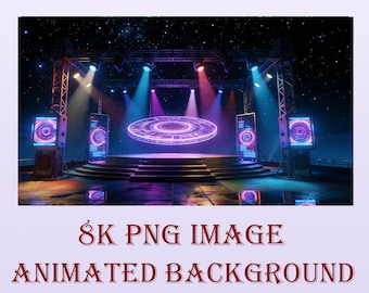 Fondo animado de evento musical: escenario de discoteca, pista de baile de neón, descarga digital de Twitch, Zoom, Vtuber