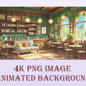 Interior de café ensolarado com animação como plano de fundo para transmissão: Cantinho tranquilo, recanto sereno, refúgio de plantas, fundo para zoom de transmissão na Twitch/Vtuber.