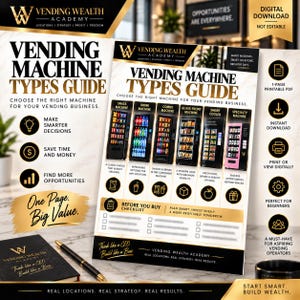 May include: A Vending Machine Types Guide document featuring a black and gold color scheme. The guide displays six vending machine categories with icons, a checklist section, and the Vending Wealth Academy logo. Text includes Vending Machine Types Guide, Choose the Right Machine for Your Vending Business, and Before You Buy Checklist.