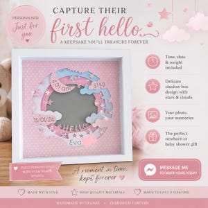 May include: A personalised baby keepsake shadow box with the text "first hello." The design includes a pink polka dot background, a moon, stars, and clouds. The box displays the baby's birth time, date, weight (3.1 kg), and name.