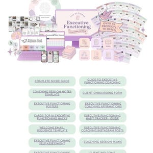 以下が含まれることがあります： 「The Ultimate Executive Functioning Coaching Bundle」と題されたデジタル製品バンドルの画像。 コンピューター、携帯電話、さまざまなデジタルドキュメントが表示されています。 テキストには「Over 73 Products to Resell」と、ガイドやトラッカーなどのリソースのリストが含まれています。