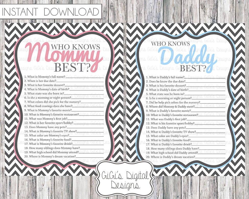 Baby shower game Who knows Mommy Daddy best Gray Chevron Pink Etsy