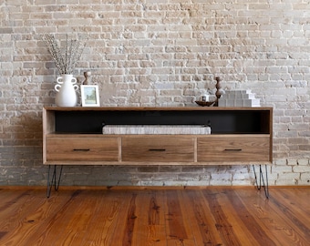 Mid-Century Modern Ash Wood Console: Handmade TV Stand with Hairpin Legs