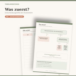 Puede incluir: Una guía de toma de decisiones digital titulada Was zuerst? con un diagrama de flujo en cajas de color rosa pastel y verde. El documento incluye texto en alemán, secciones estructuradas para ordenar tareas y una etiqueta de descarga PDF.
