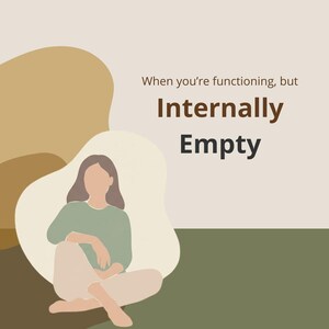 May include: Illustration with text "MindExhale" and "When you're functioning, but Internally Empty." A faceless person in a green shirt and tan pants sits cross-legged. The background features abstract shapes in tan, white, and green.