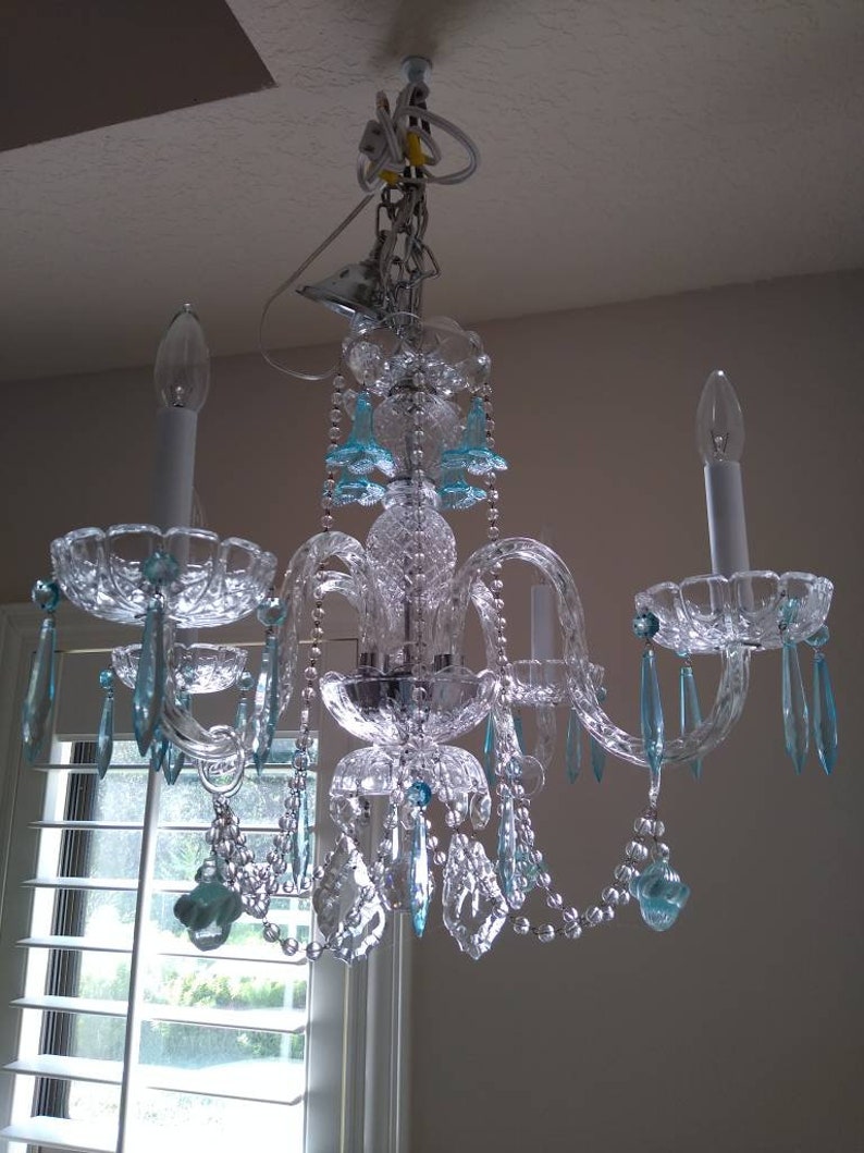 Vintage Pale Aqua Crystal Chandelier featuring Murano Tulips and Florets