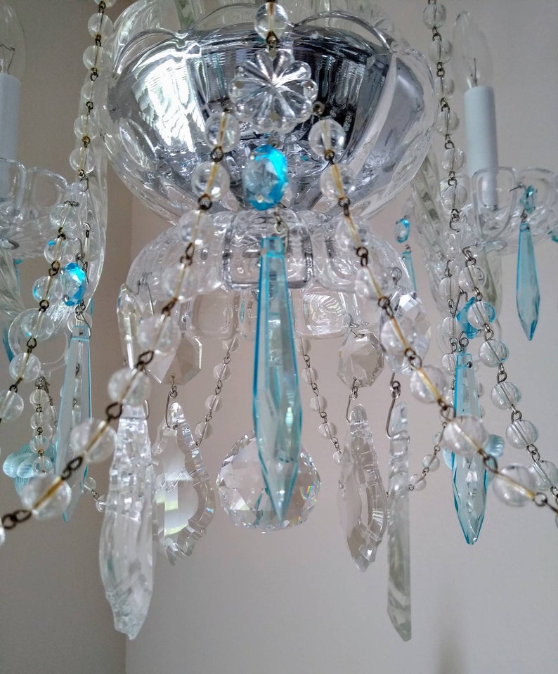 Vintage Pale Aqua Crystal Chandelier featuring Murano Tulips and Florets