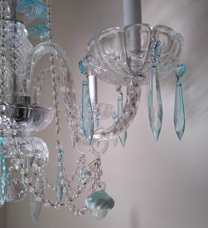 Vintage Pale Aqua Crystal Chandelier featuring Murano Tulips and Florets