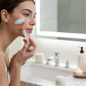 Puede incluir: Una mujer usa un rodillo facial de jade. El rodillo tiene un mango blanco con detalles dorados y dos piedras de jade verde pálido. El entorno es un baño bien iluminado con un lavabo y espejo blancos.