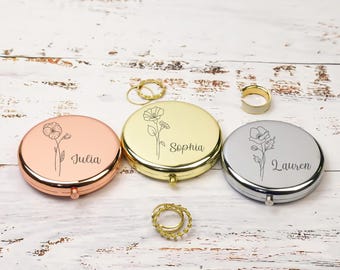 Luxury Personalized Compact Mirror Birth Flower Pocket Mirror Bridesmaid Gift for Women