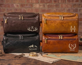 Personalized Leather Dopp Kit for Men, Custom Toiletry Bag, Engraved Groomsmen Gift, Travel Bag for Husband, Anniversary Gift for Him