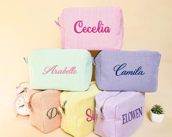 Embriodered Toiletry Bag, Monogrammed Seersucker Cosmetic Bags, Bridesmaid Graduation Gift