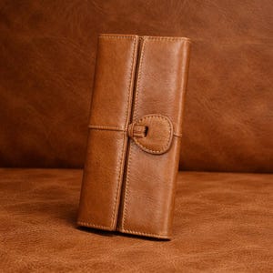 Genuine Leather Long Wallet for Women – Stylish Button Closure Card Holder
