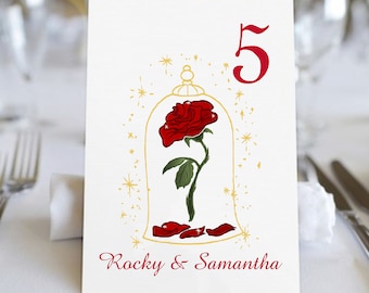 Red Enchanted Rose Beauty And The Beast Wedding Table Numbers | Table Seating Cards | Item TN-476 | lovebirdslane
