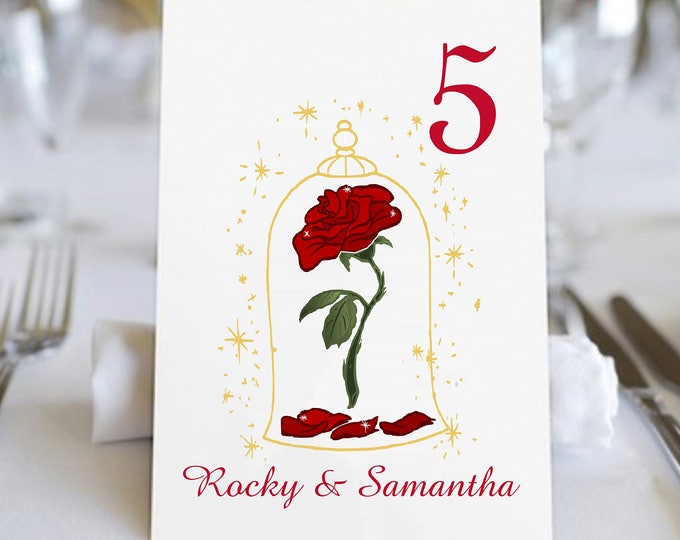 Red Enchanted Rose Beauty And The Beast Wedding Table Numbers | Table Seating Cards | Item TN-476 | lovebirdslane