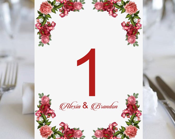 Vintage Red Rose Table Numbers | Table Seating Cards | Item TN-804 | lovebirdslane