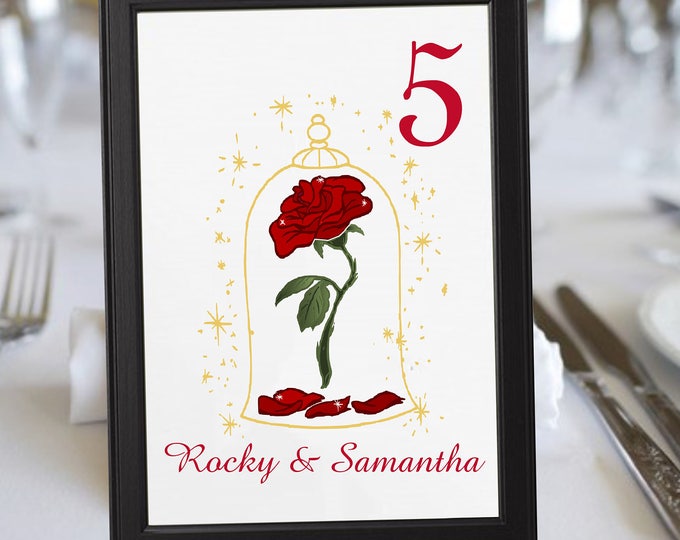 Red Enchanted Rose Beauty And The Beast Wedding Table Numbers | Table Seating Cards | Item TN-476 | lovebirdslane