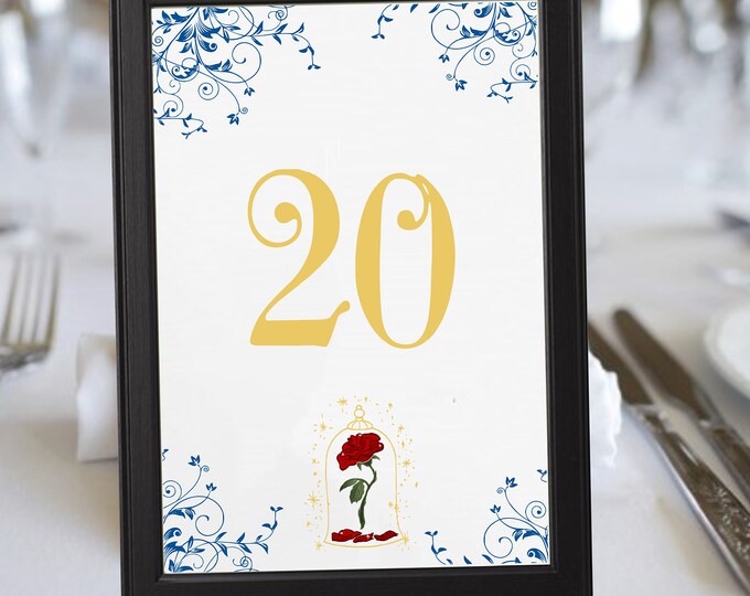 Crimson Enchanted Rose Beauty And The Beast Wedding Table Numbers | Table Seating Cards | Item TN-405 | lovebirdslane