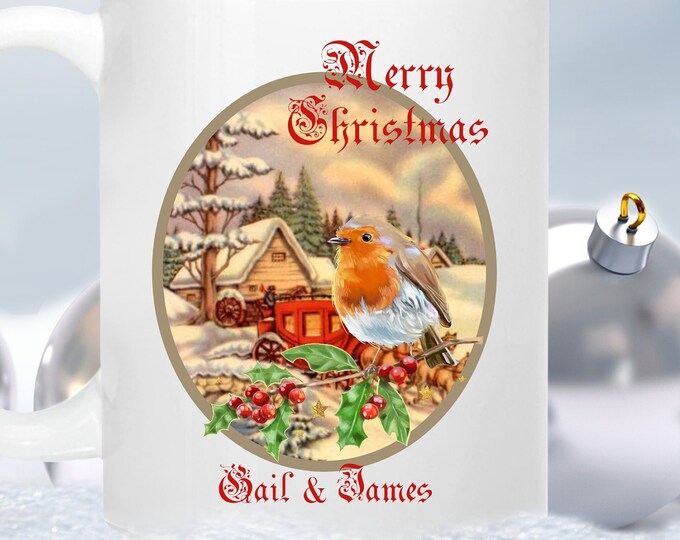 Personalized Vintage Winter Bird Coffee Mug Hot Chocolate Cup lovebirdslane M101