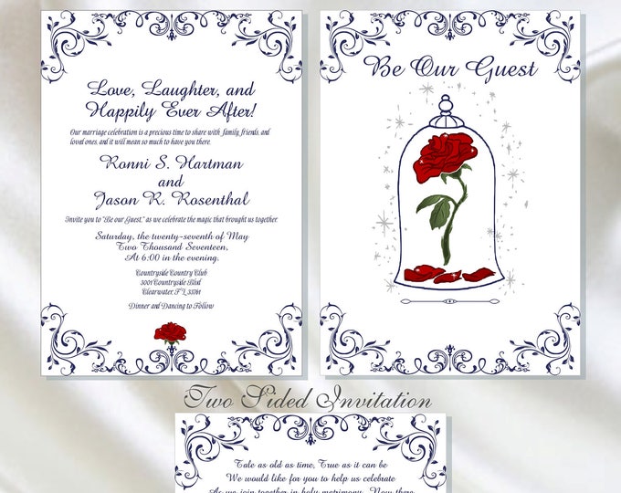 Printable Enchanted Rose Beauty And The Beast Wedding Invitation Be Our Guest Wedding Invitation Calligraphy Wedding Invite