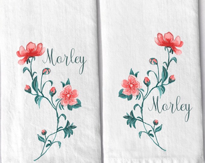 Personalized Family Name Classic Floral Cotton Tea Towel Gift Set | Personalized Kitchen Hand Towel Gift Set