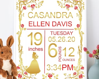 Personalized Belle Princess Birth Stats Print Baby Girl Nursery Princess Room Art Princess Wall Art Baby Keepsake  Item# BS-091