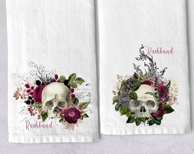 Personalized Gothic Skull Soft Cotton Tea Towel Gift Set | Personalized Kitchen Hand Towel